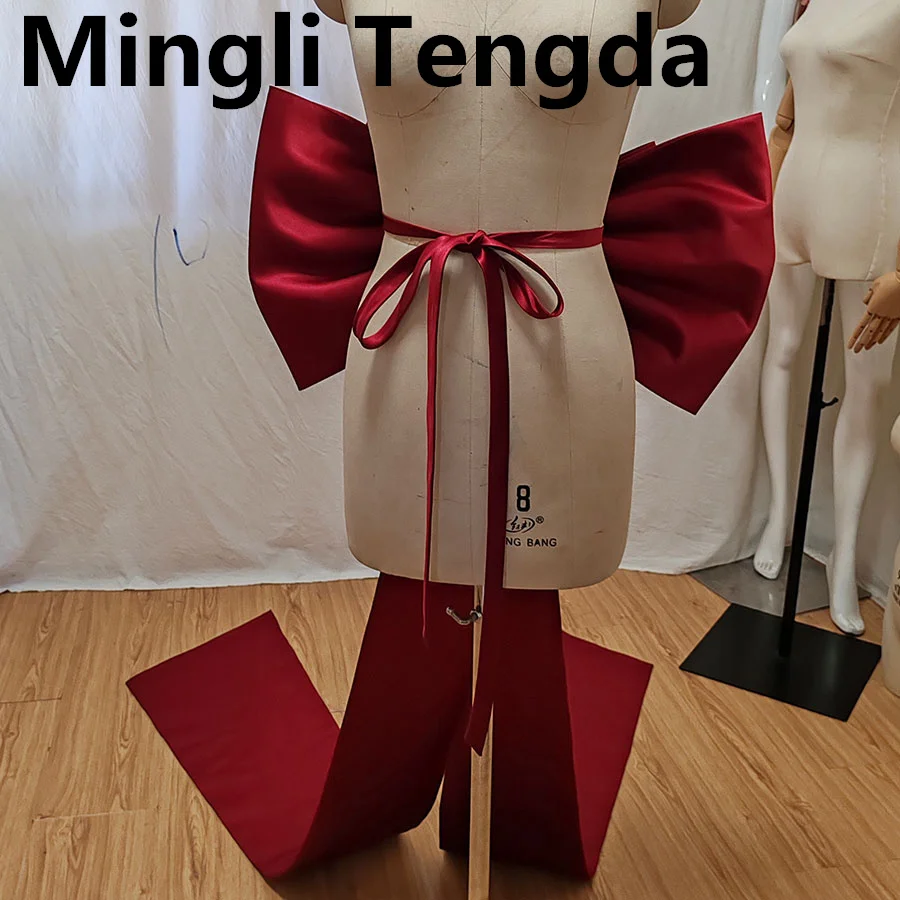 Mingli Tengda Seperate Burgundy Satin Black Big Bow Tie Wedding Knots Removeable Prom Dresses Belts With Pin Women Accessories