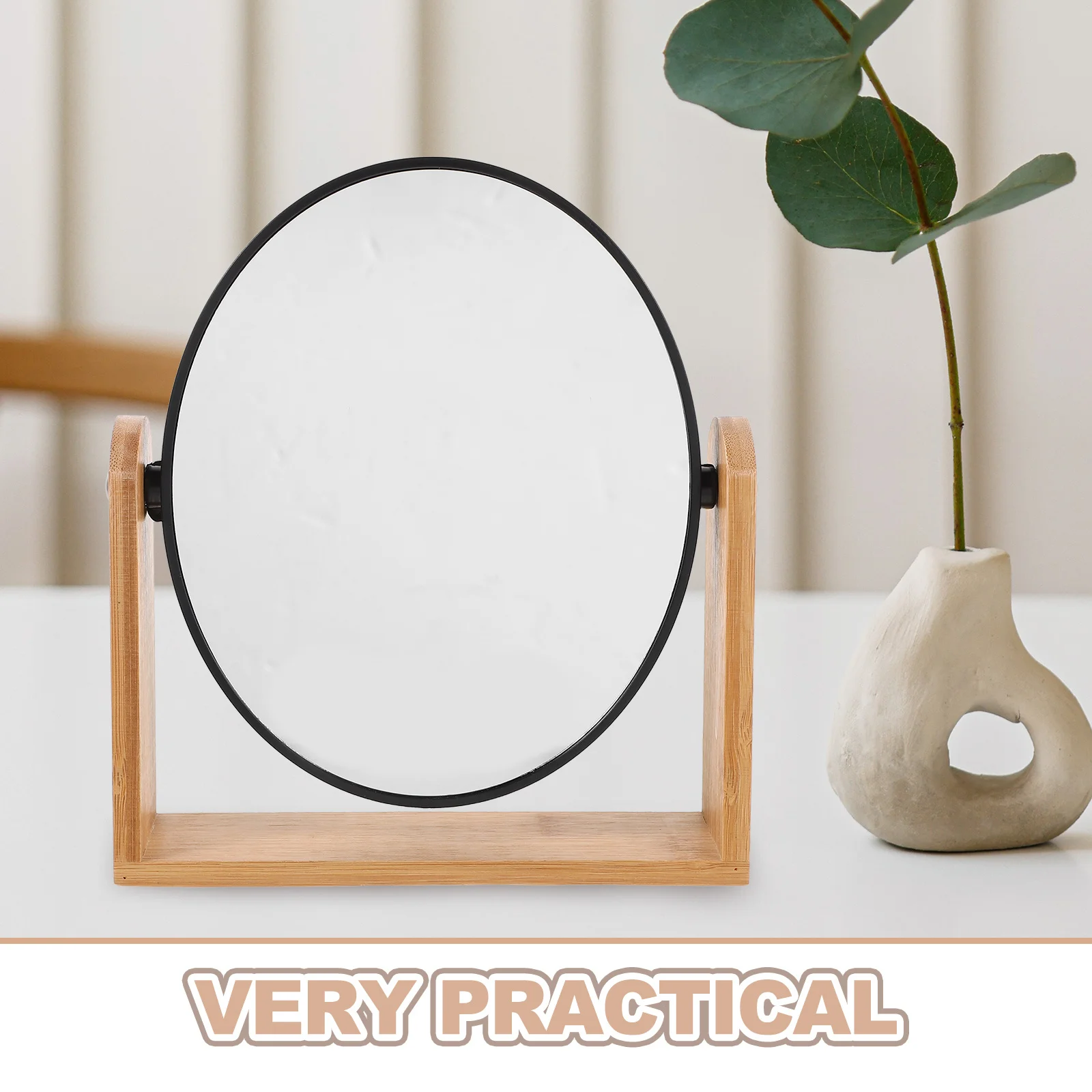 Dual-Sided Bamboo Vanity Mirror Round 3x Magnification Rotating Stand Desktop Makeup Mirror for Women Mirrors for Makeup Desk