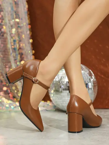 Dam Mary Jane-pumps, stängda runda tåblock med grova höga klackar, rem baktill, festklänning för kontoret 6 best sales pumps med rund tå - №5