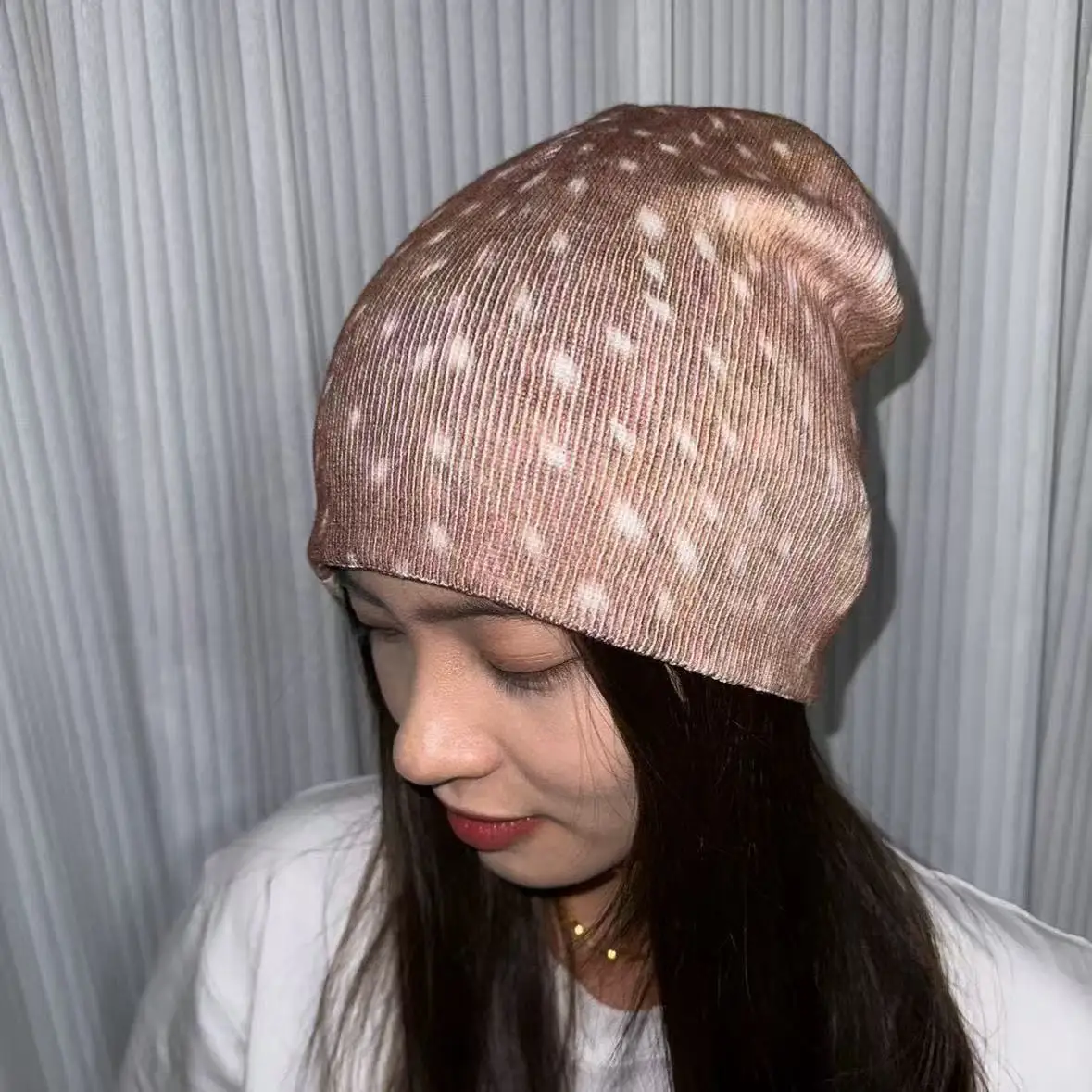 Deer Spot Print Knit Beanie Hat Y2K Vintage Brown White Dots Skullcap Soft Stretch Casual Daily Headwear for Autumn Winter