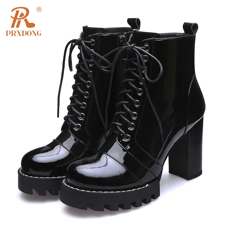 PRXDONG New Classics Patent Leather Chunky High Heels Platform Shoes Woman Ankle Boots Lace Up Dress Party Autumn WInter 34-42