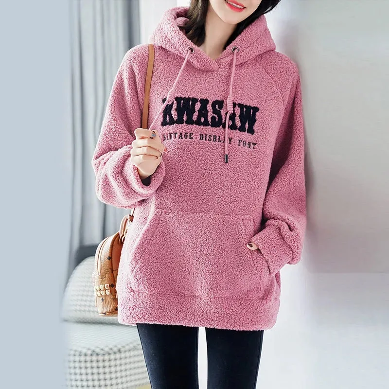 2023 frühling Herbst Hoodies Frauen Fleece Verdickte Mit Kapuze Kleidung Neue Mode Lose Große Größe Stickerei Brief Warme Hoodies