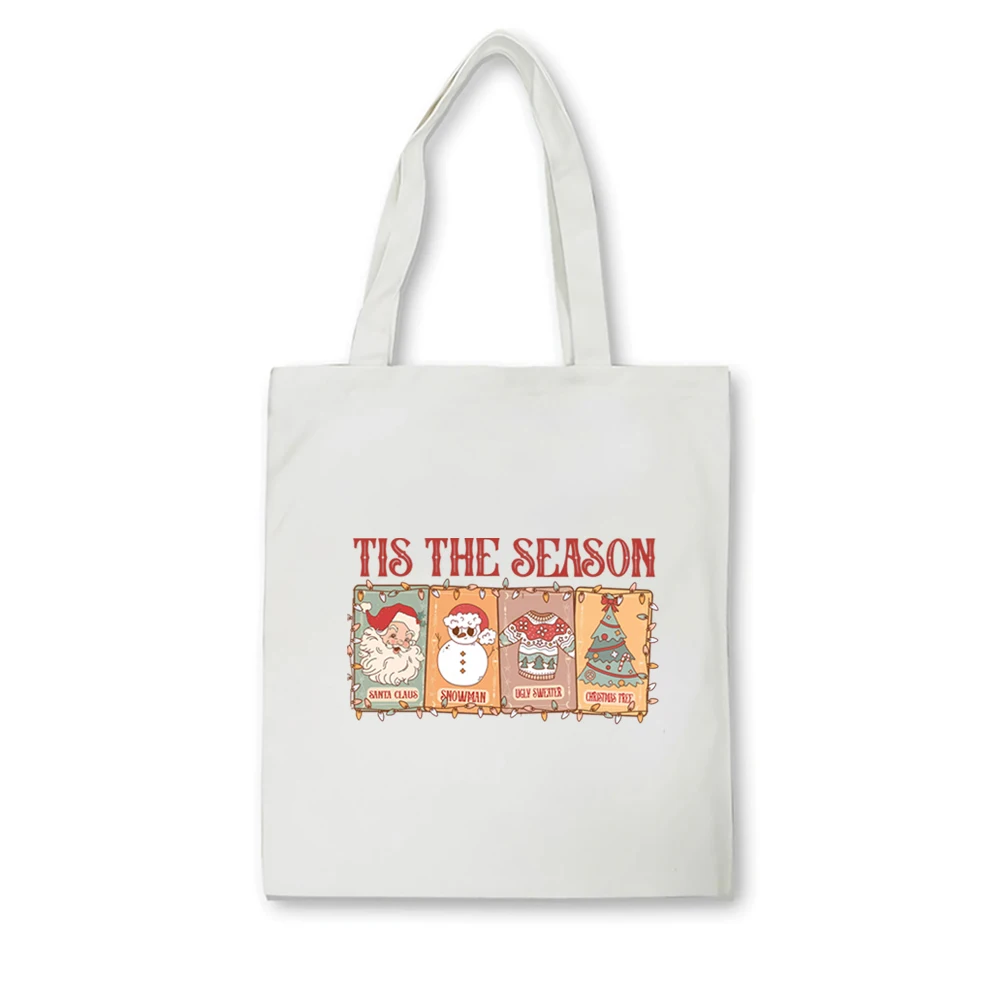 Vintage Season Handbag Tarot Card Vintage Santa Claus Canvas Bag Groovy Christmas Pattern Shoulder Bag Merry Christmas Kawaii