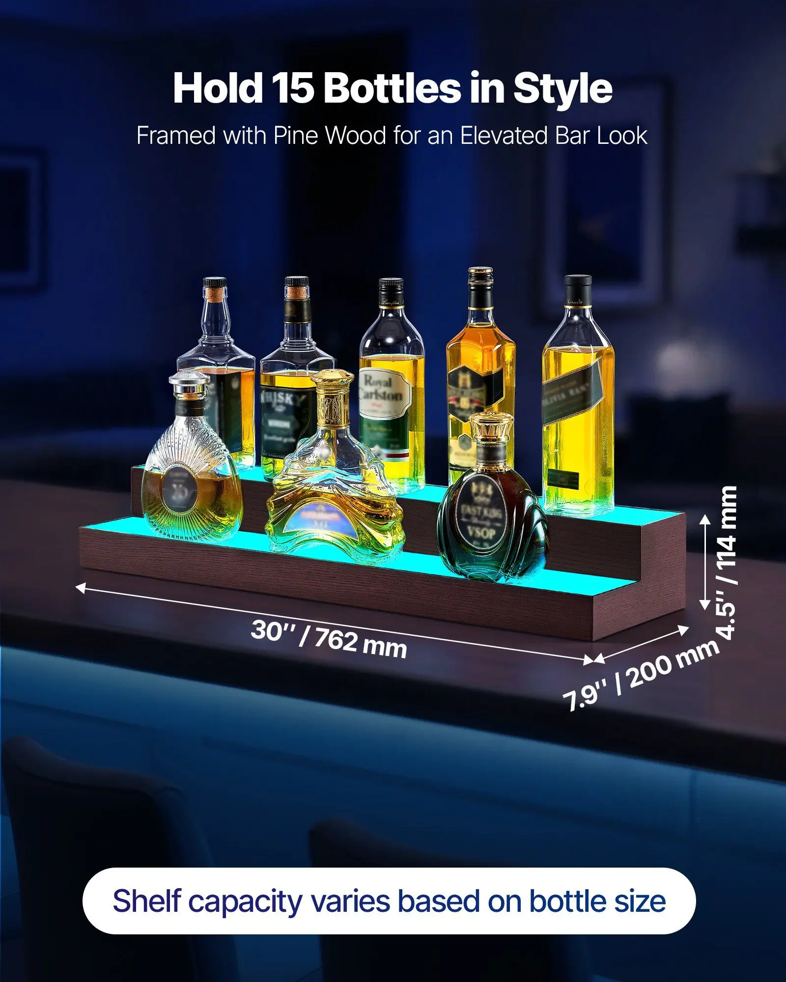 

LED Lighted Liquor Bottle Display, 2-Tier 30-Inch Whiskey Rack, Support USB, Illuminated Home Bar Shelf with RF Remote & App Control, 7 Static Colors, Acrylic+ Wood Lighted Shelf for 15 Bottles