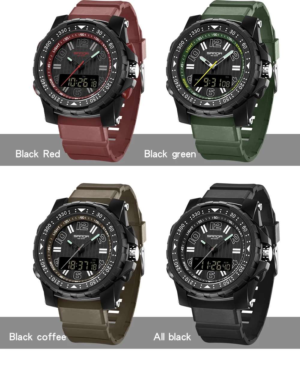 SANDA 3375 남성용 전자 쿼츠 시계, 스포츠 다기능 방수 LED 2024, 럭셔리 패션