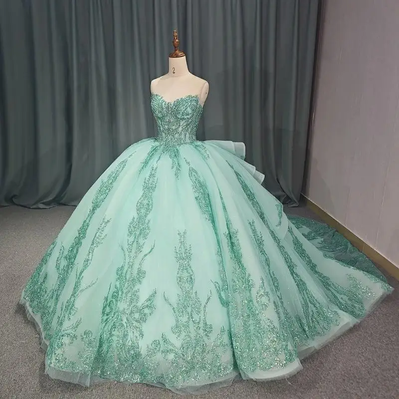 

Mint Green Sweetheart Ruffles Train Ball Gown Quinceanera Dresses Sweet 16 Princess Sequin Applique Lace Beads Tull Vestidos 15