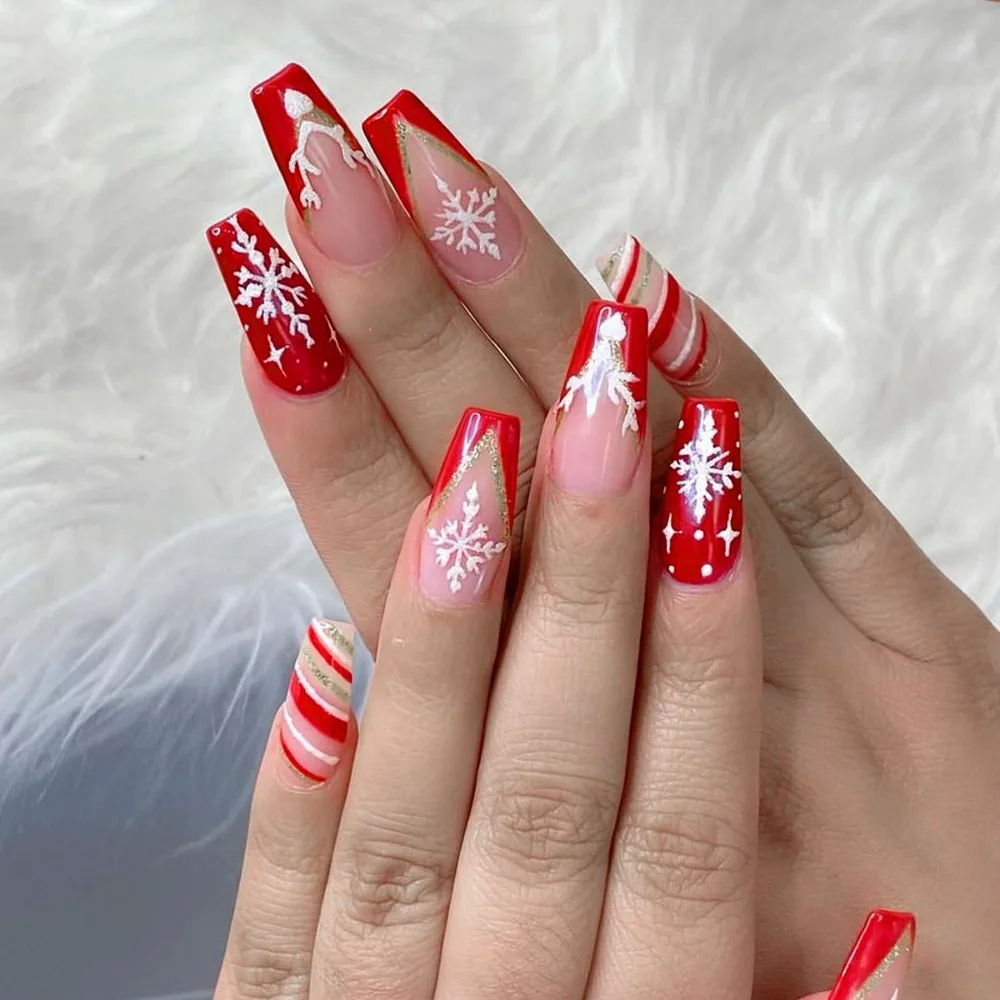 Wearable Manicure Christmas French Fake Nails Full Cover Middle Length Ballerina False Nail Square Head T-shape Nail Tips Women