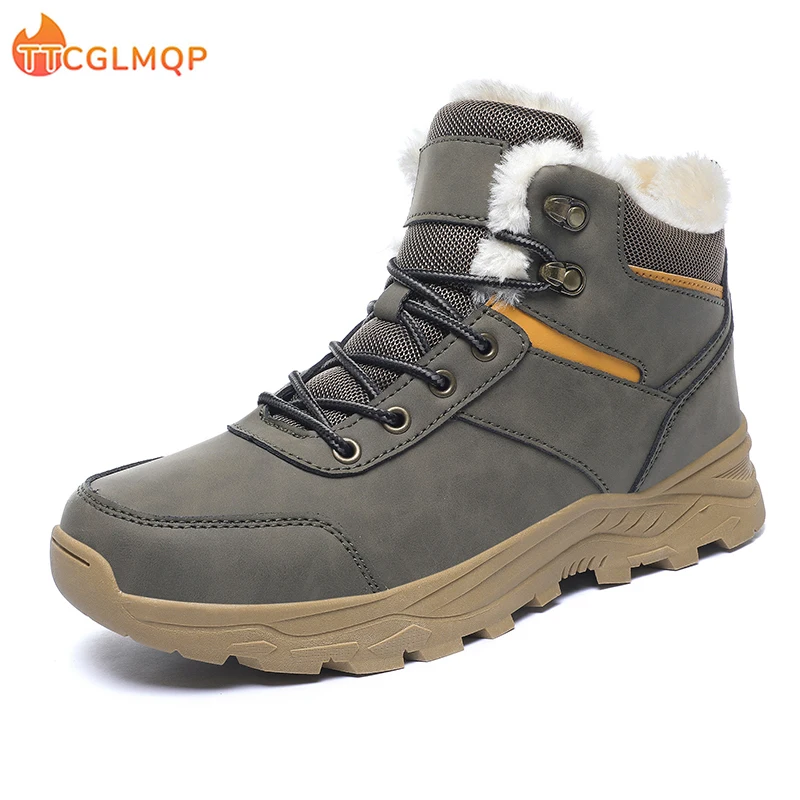 Botas de neve de couro impermeáveis para homens, tênis super quentes, botas masculinas ao ar livre, sapatos de trabalho, tamanho grande, inverno,