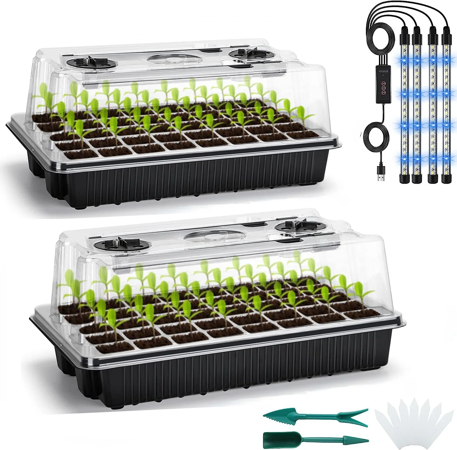 2 Packs, Seed Germination Tray Set, Equipped With High-Dome Seed Starter Kit - 80 Cells, 4 LED Grow Lights, Intelligent Timer An