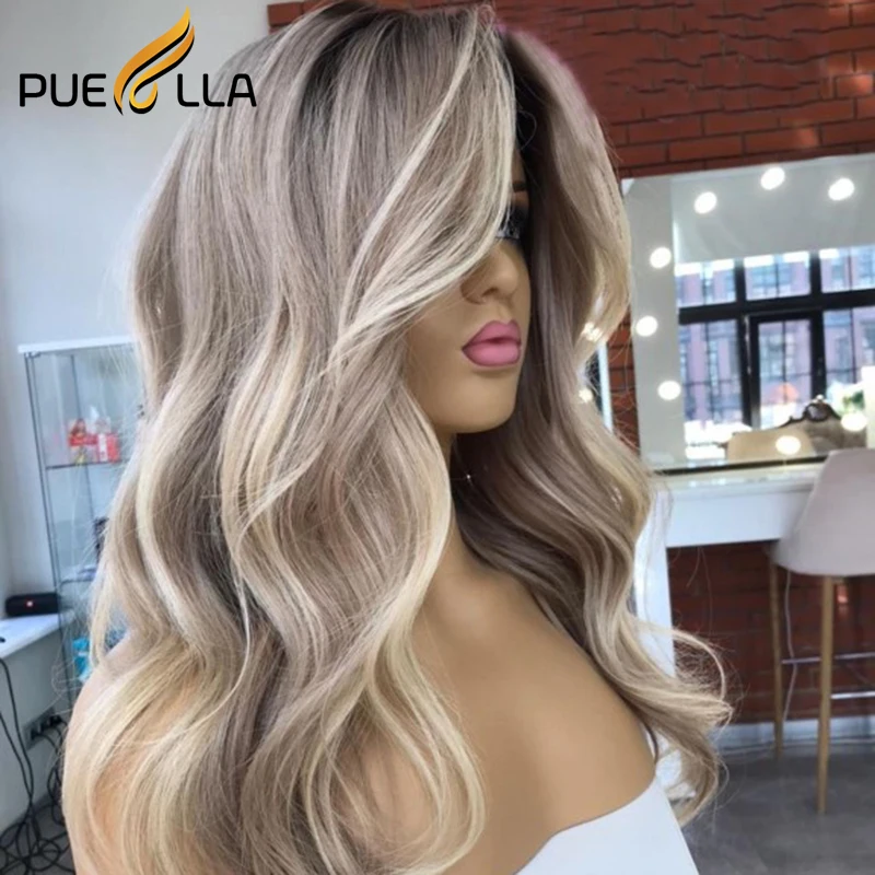 Ash Blonde Highlight Lace Front Human hair Wig Transparent Lace Frontal Brazilian Ombre Grey Blonde Body Wave Lace Front Wig