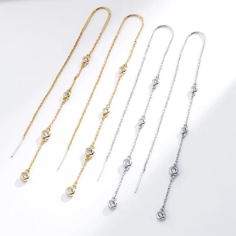 Copper-plated real gold-inlaid zirconium long U-shaped fringed earrings, Japanese and Korean versatile simple retro s925 silver