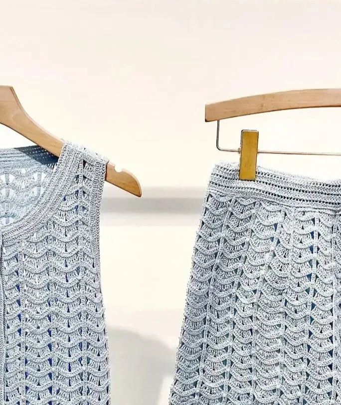 Women Hollow Out Crochet Knit Vest Top High Waist Shorts Blue Two Piece Set Summer Sleeveless Outfit