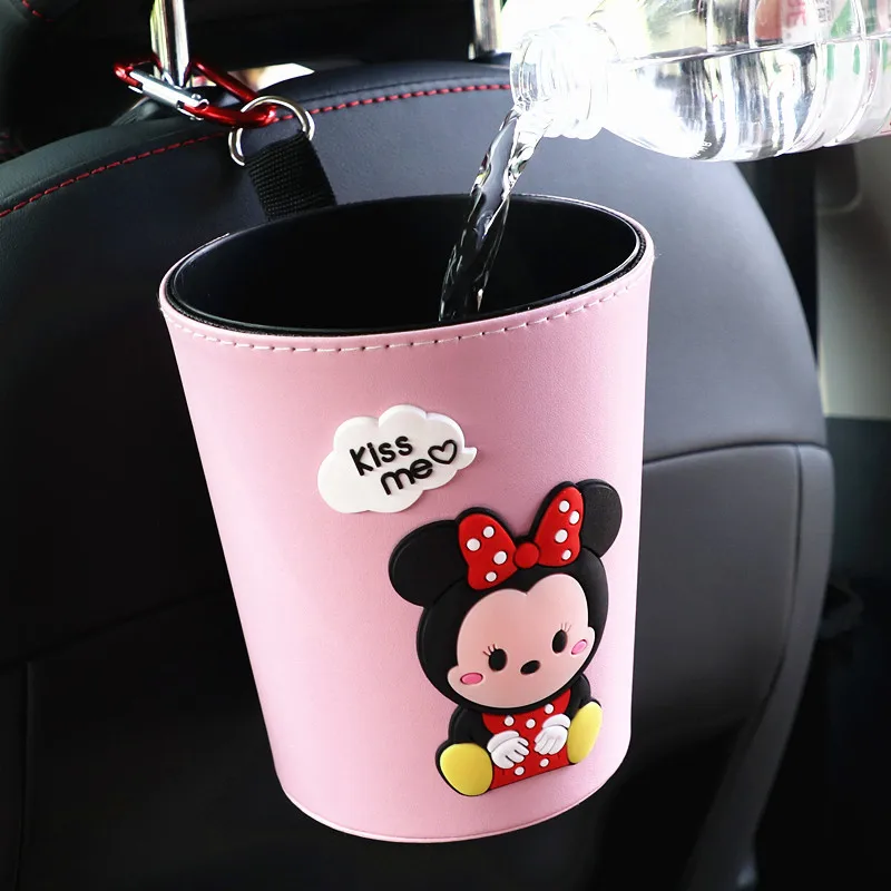 Disney Anime Figure Mickey Minnie Leather Car Trash Can Ornament Cute Cartoon Auto Seat Back Hanging Trash Can Decor Accessories