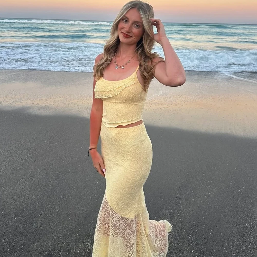Tuularose Lace Sling Long Skirt Set Summer See-through Backless High Waisted Women Two Piece Sexy Beach Vacation Long Skirt Set