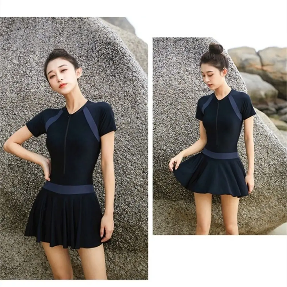 

Solid Color Long Sleeve Zipper Skirt Swimsuit with Padded Ins Hot Spring Swimwear Beachwear Sun Protection