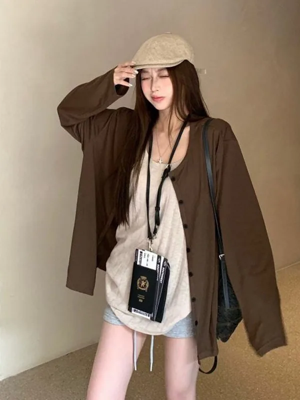 

Retro Coffee Color Lazy Style Long Sleeve Sun Protection Open Cardigan Coat Women's Fashion Set Autumn 2025 Inner Vest Two-Pi...