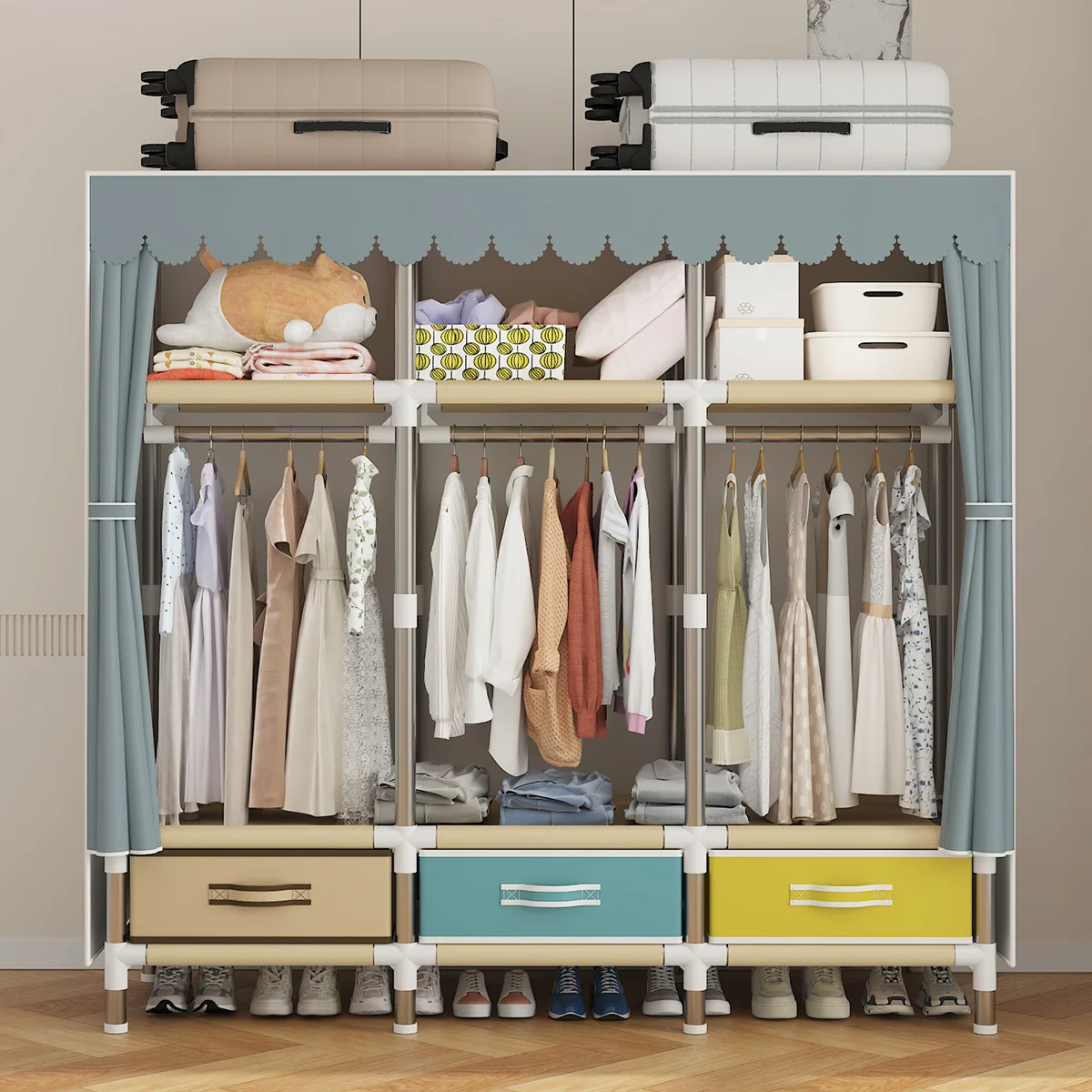 Home bedroom rental room wardrobe; Steel pipes are sturdy and durable; Large capacity clothing storage simple wardrobe