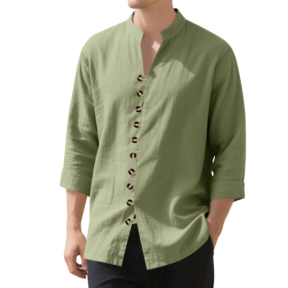 Camisa de manga larga de lino y algodón para hombre, Top informal con botones de Color sólido, camisa cómoda y ligera transpirable, camisas con cuello Henly