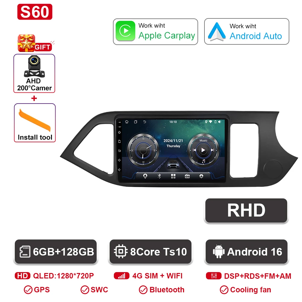 Android 16 Voor KIA PICANTO Ochtend 2011 2012 2013 2014 2015 2016 Carplay Auto Multimedia Autoradio Navigatie Speler WIFI + 4G DSP