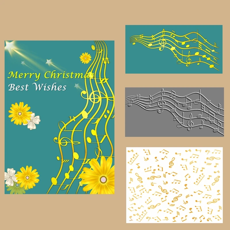 Christmas Hot Foil Flowing Notes Music Background Metal Cutting Dies for Scrapbooking Embossing Frames Card Craft No Clear Stamp