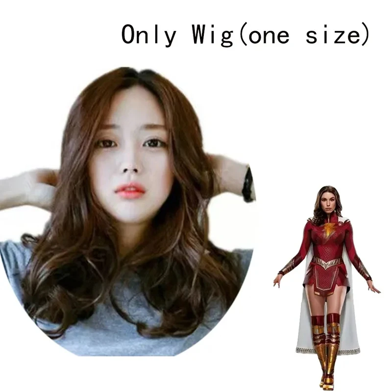COSWomen Adult Mary Cosplay Costume Wig Fury Of The Gods Shazam Red Gold Superhero Suit With Cloak Halloween Jumpsuit view 6