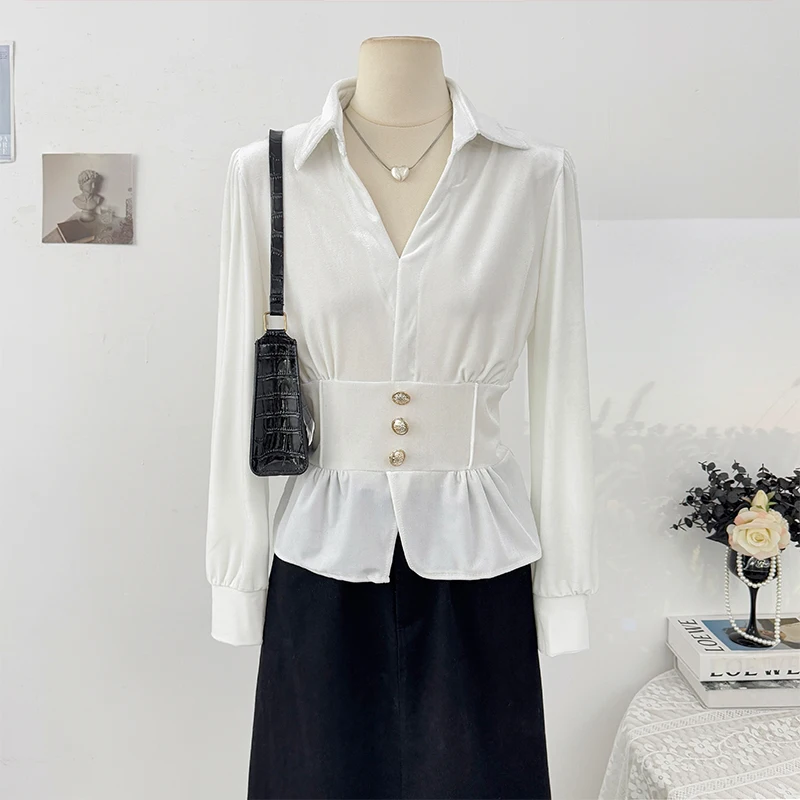 Temperament V-ausschnitt Langarm Samt Hemd für Frauen Mode Falten Design Einfarbig Vielseitige Bluse Französisch Retro Casual Tops