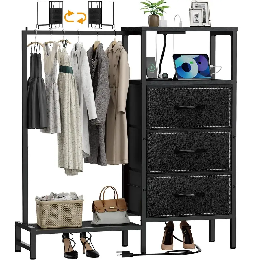 

for Bedroom with Hanging Rack, 3 Drawers Closet with Charging Station, Faric Chest of Drawers with Clothes Rack, Storage Organzi