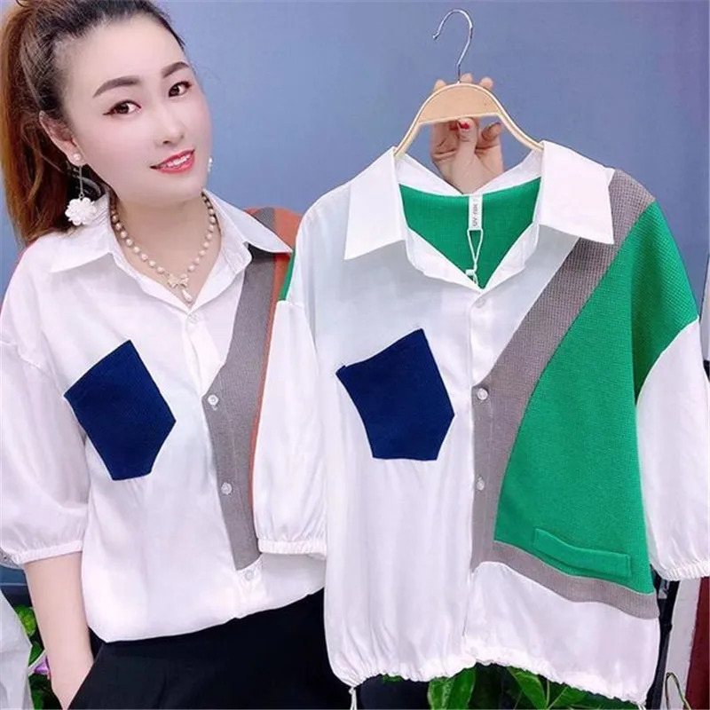 

Summer Autumn Shirt Blouse Women's 2025 NEW Korean Version Loose Spliced Short Sleeved Fake Two-Piece Fashion Bottoming Shirt