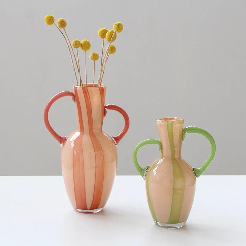 Colored Glass Vase Retro Handle Pitcher Water Kettle Flower Vase Hydroponics Terrarium Flowerpot Vases Pots Home Decoration