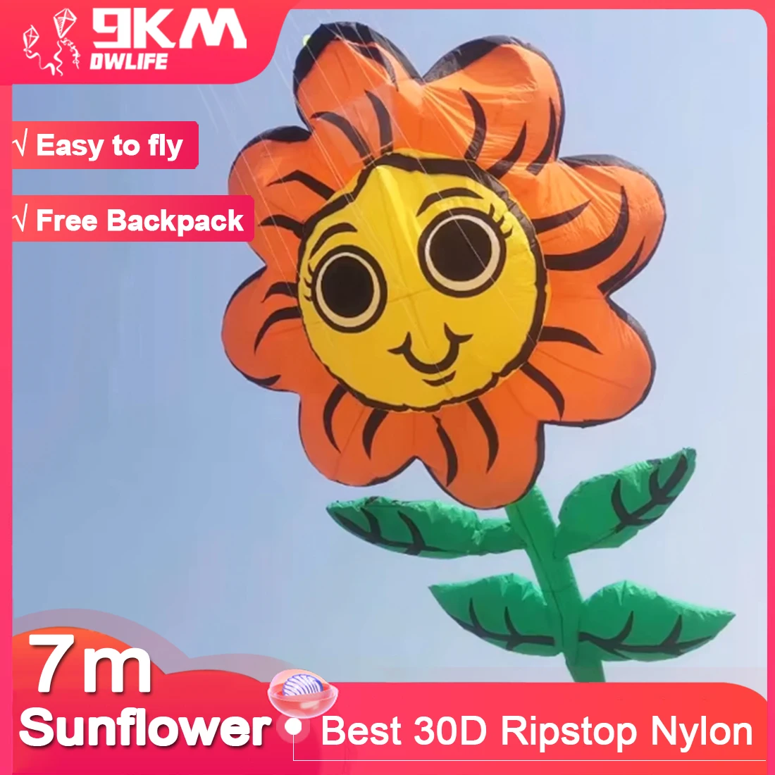 9KM 7m Sunflower Kite Line Laundry Pendant Soft Inflatable Show Kite for Kite Festival 30D Ripstop Nylon Fabric with Bag