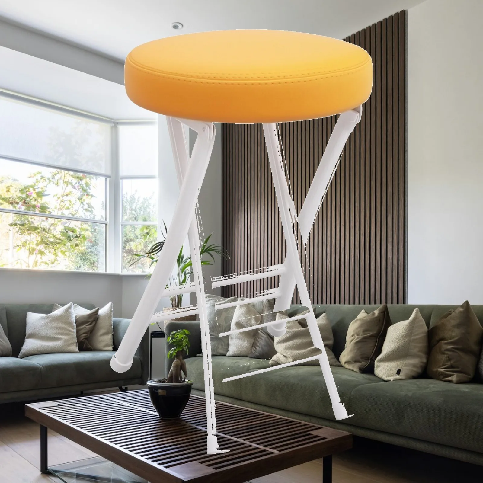 Folding Round Seat Padded Artificial Leather Metal Frame Portable Stool for Balcony Vanity Dorm Extra Seating Home Use