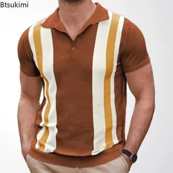 2026 Men's Summer Short-sleeved Knitted Polo Shirts Blouse Cardigan Vintage Slim Stretch Tshirts Top Business Casual Male Shirts