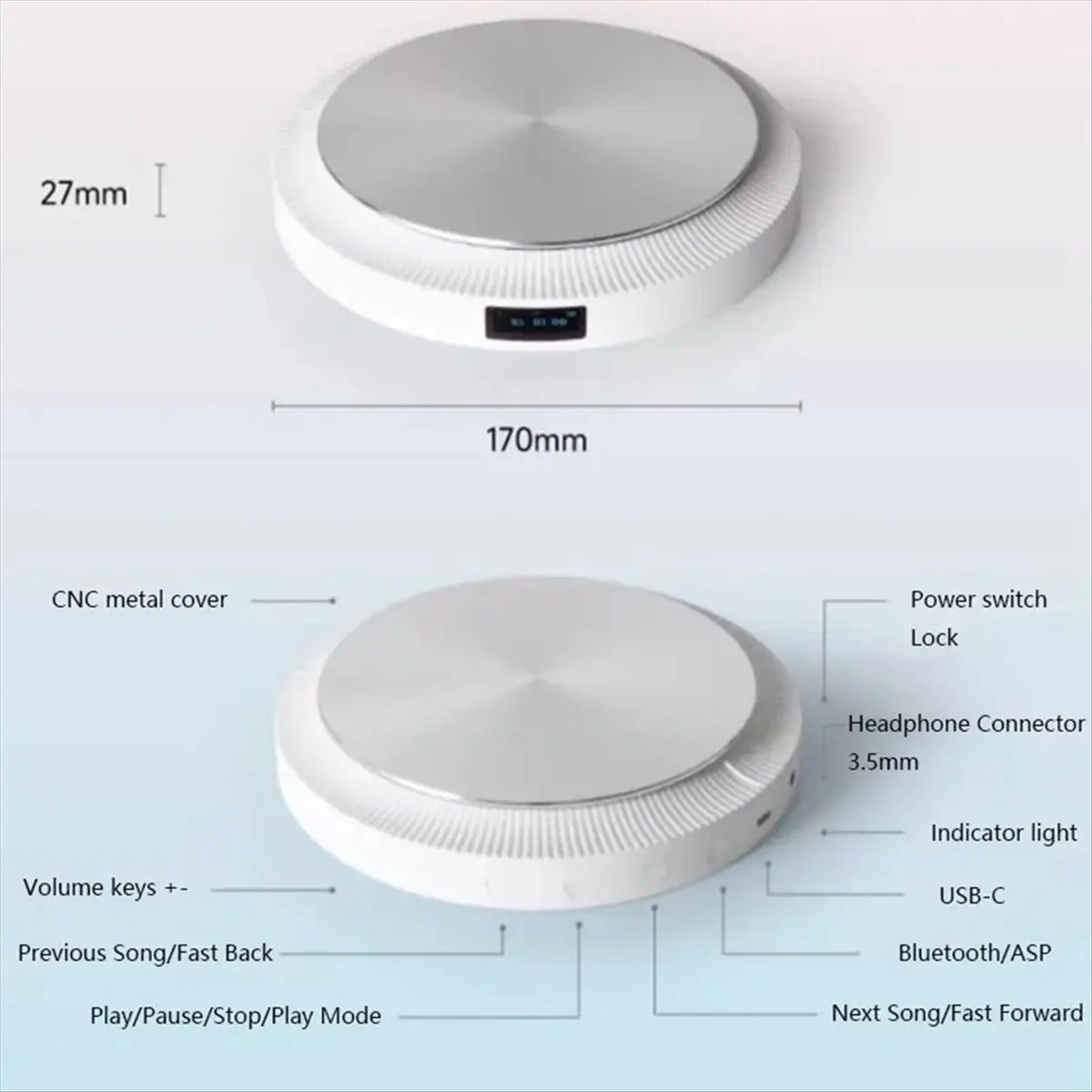 T28C Portable CD Player Wireless Bluetooth Built-in ASP Shockproof HIFI Walkman HD Lossless Stereo Record Player B