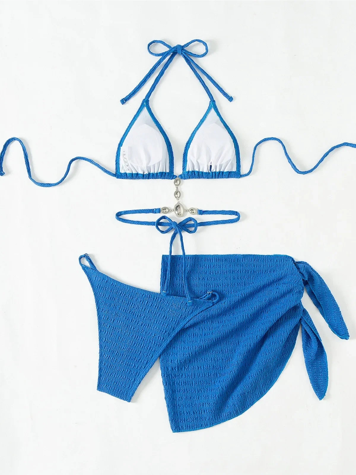 بلون الأزرق 3 قطعة ملابس السباحة للنساء الفاخرة الراين سلسلة مجموعة البكيني عالية الخصر تنورة الشاطئ عطلة ملابس السباحة 2024