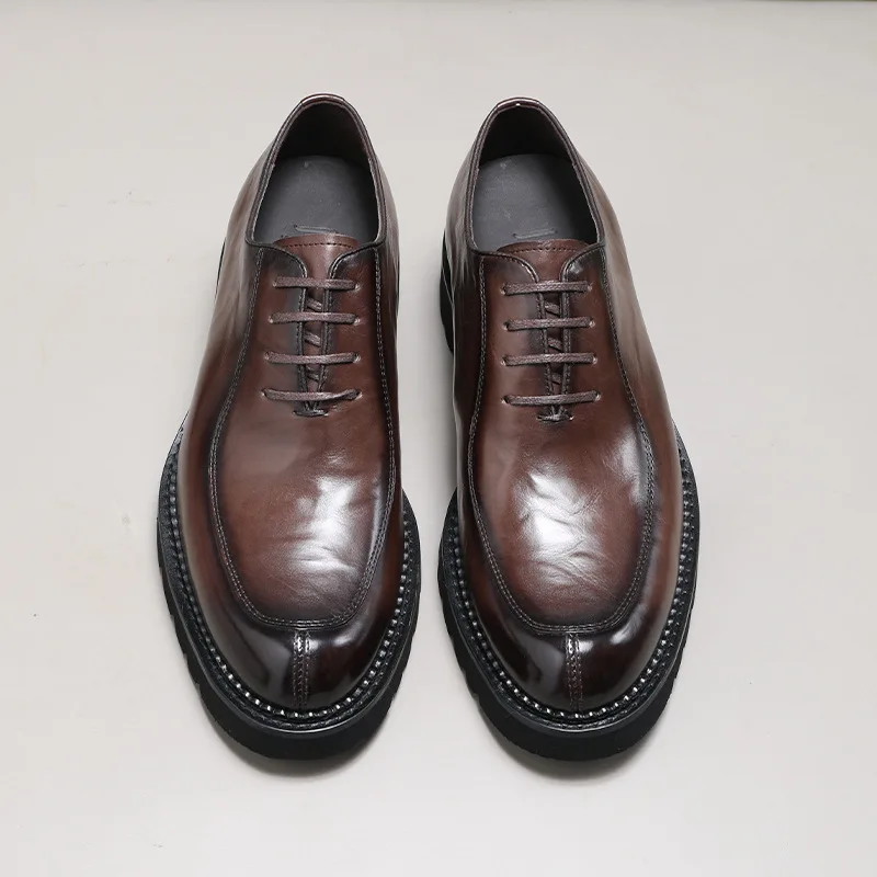 Men's lace up European version cowhide creates work wear and wedding soft leather upper leather shoes