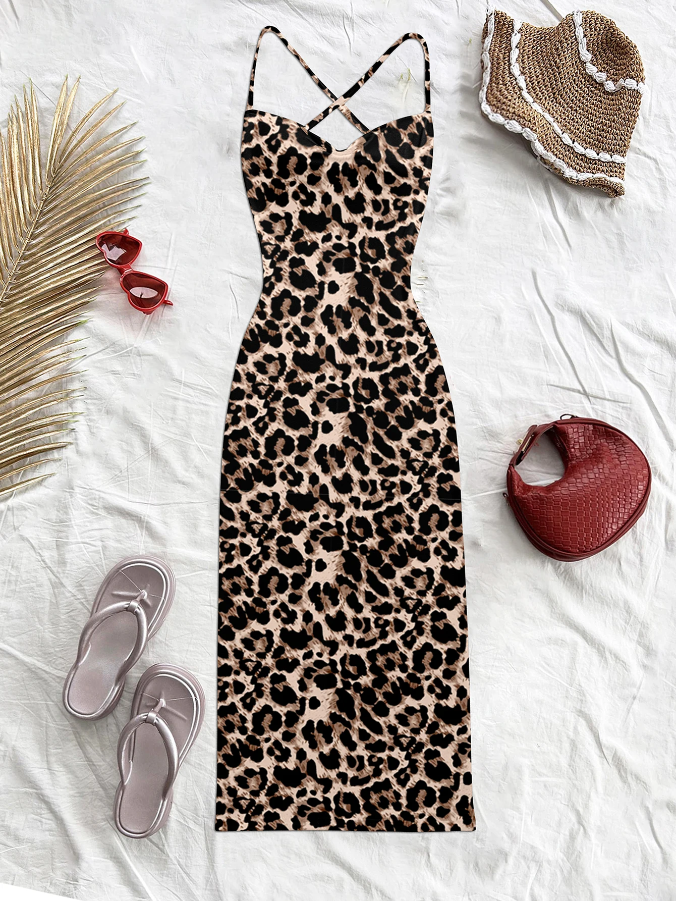 Feste sexy da donna Vacanze serate Stampa leopardata con spalle scoperte Maxi elastico in poliestere spandex Abito nero/marrone