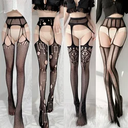 Women Sexy Erotic Lingerie Stockings Fishnet Open Crotch Mesh Tights Bottomed High Pantyhose Party Club Black Body Stockings New