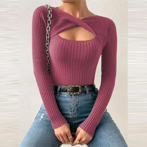 Top de punto de Color sólido ahuecado para mujer, suéter adelgazante de manga larga, informal, Sexy, a la moda, Primavera