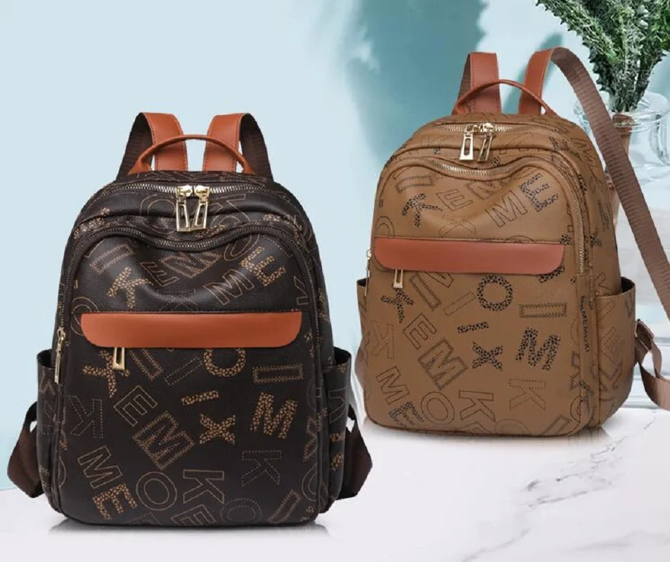 

New High Quality Leather Travel Backpacks Women Fashion Luxury Designer Letter Printed Shoulder Bags Large Capacity School Bag