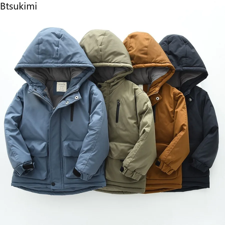 2026 Winter Boys' Hooded Jacket with Large Pocket and Velvet Lining Thickened Windproof Waterproof and Warm Men's Cotton Jacket