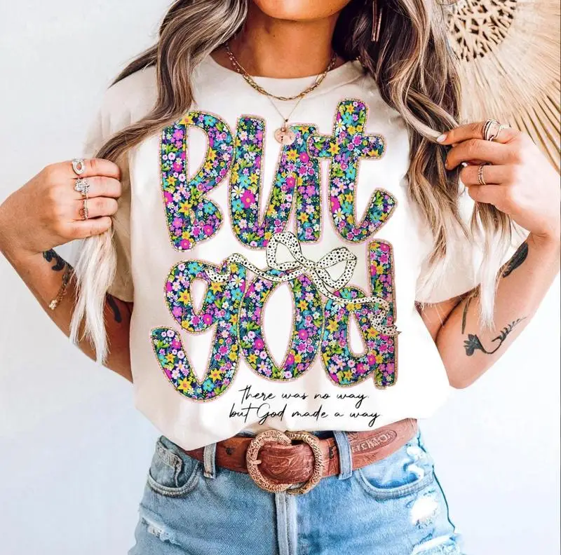 

Женская рубашка с цветами, но Бога, христианская одежда, футболкаПодарок для он, одежда Иисуса, религиозный хлопковый топ, комфортная женская одежда