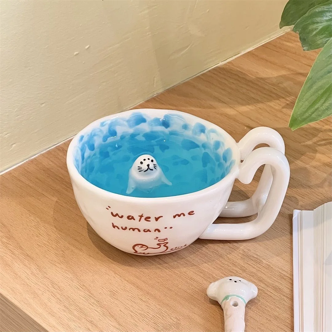 Creative 3D Seal Ceramic Mug, Cute Cartoon Breakfast Milk Coffee Mugs, High-value Christmas Gift Tea Cup, Couple Kawaii Cup
