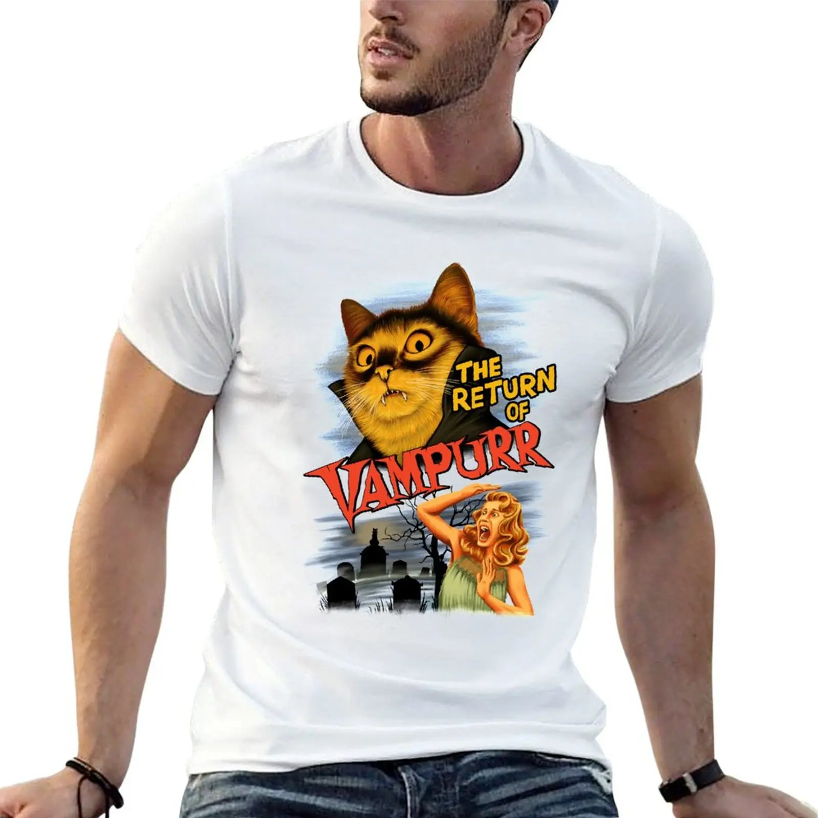 Men's T-Shirt The Return of Vampurr Vampire Cat Funny Horror Movie Graphic T Shirt Vintage Gothic Short Sleeve Casual Cotton Tee