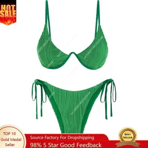 Women's Bikini Sets Ribbed Two Piece Swimsuits Underwire Adjustable Back Clasp Bathing Suit Side Tie Thong Swimwear