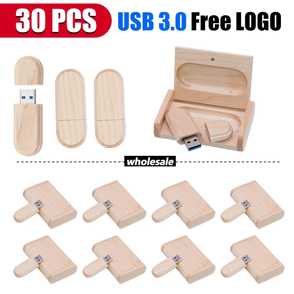 30PCS USB Flash Drive 128GB 64GB  Free Custom Logo 32GB 16GB Memory Stick Wedding Creative Gift 8GB Pen Drive Maple Wood cle usb