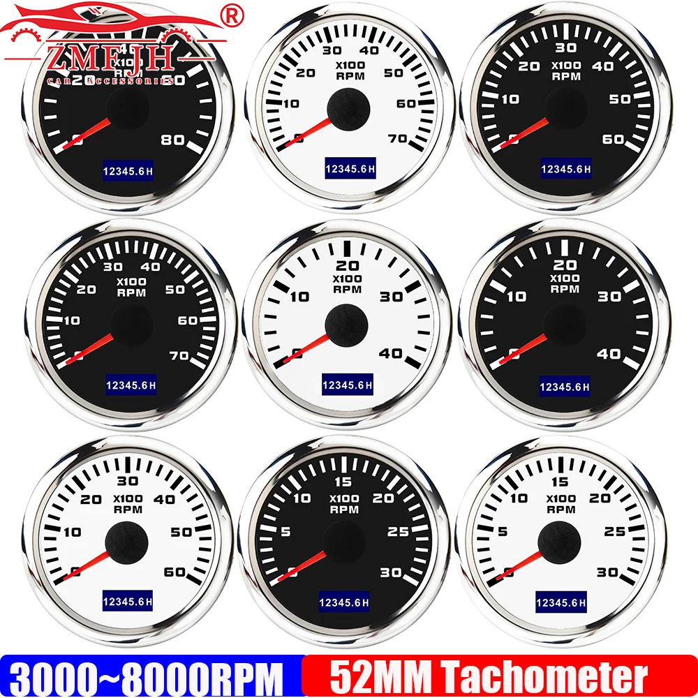 

Тахометр ZMFJH Pointer 52 мм с красной подсветкой для автомобилей, лодок и яхт с 4-12 цилиндрами, 3000-8000 об/мин