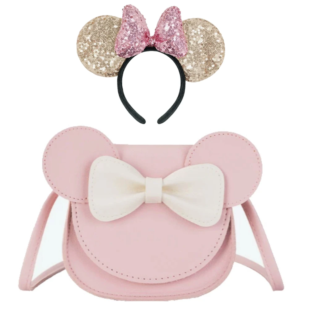 2pcs Girls Purse Mini Mouse Ear Bow Crossbody Bag Kids Handbags Cute Pink Mouse Ear Glitter Hairband Party Gift Accessories