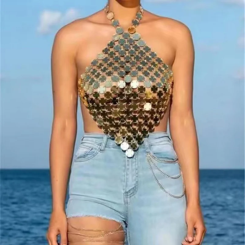 مجوهرات الجسم الأوروبية والأمريكية مثير الصدر سلسلة الاكريليك الترتر جولة الجوف خارج عارية الذراعين الصدر التفاف الجسم سلسلة بروتيل