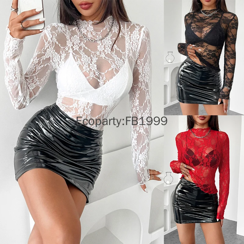New Women Spring Autumn Transparent Mesh Sexy Lace Tee Shirts Fashion Solid Color O-Neck Long Sleeve Slim Long Sleeve T-shirts