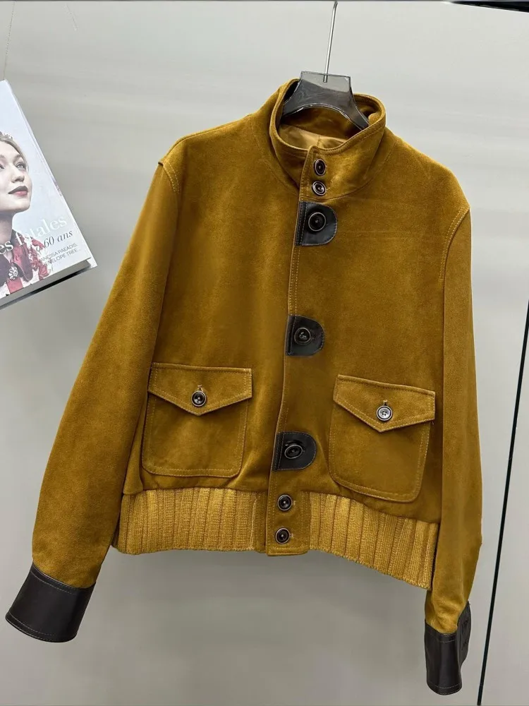 เสื้อแจ็คเก็ตหนังแท้สำหรับผู้หญิง คอตั้ง แขนยาว สไตล์ลำลอง แฟชั่นไฮสตรีท เสื้อคลุมตัวนอก แต่งผ้าหนังกลับและหนังแกะ เสื้อโค้ทสั้นสำหรับผู้หญิง